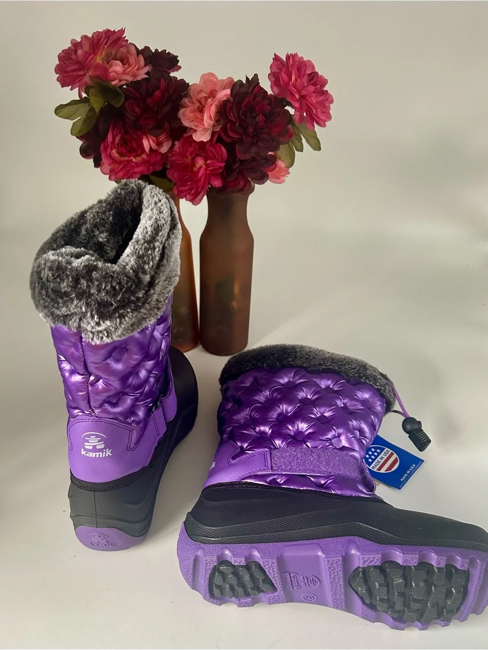 Kamik Purple Quilted Kids Waterproof Winter Boots with Faux Fur Cuff